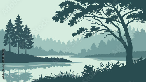 Calm river flowing through a dense pine forest landscape with landscape