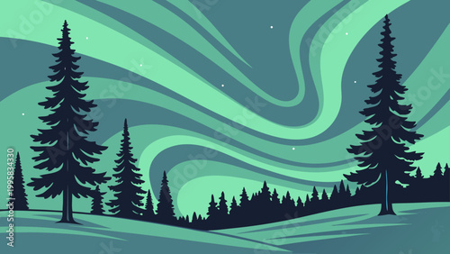 Aurora borealis shining over winter forest silhouette with borealis, northern