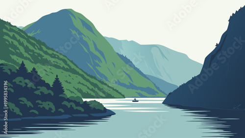Obraz na plátně Small boat sailing on calm waters between tall fjord mountain walls