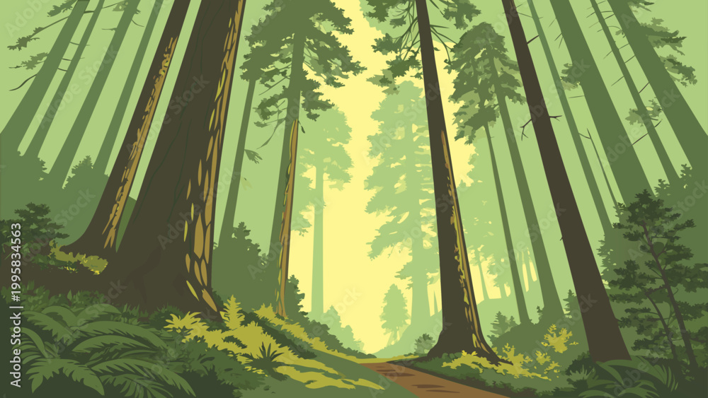 Obraz premium Sunlight filtering through tall trees in a lush forest with sunlight, woodland