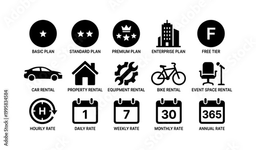 Rental plan and rate icons showing service tiers and options