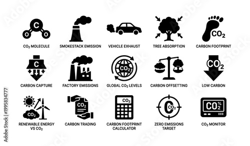 Carbon and co2 environmental icons representing emissions and offsets