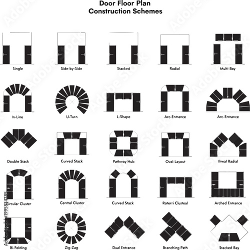  Create a kinds of deferent set of door floor plan top view. Architectural kit of icons for interior project. Door for scheme of apartments. Construction symbol vector art with white background.