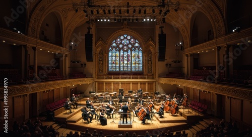 orchestra performs in concert hall.