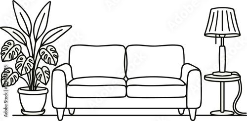 Create a realistic Continuous one line drawing of Sofa with lamp lampshade and home plant. Modern interior and heim furniture in simple Linear style. Doodle vector art with white background.