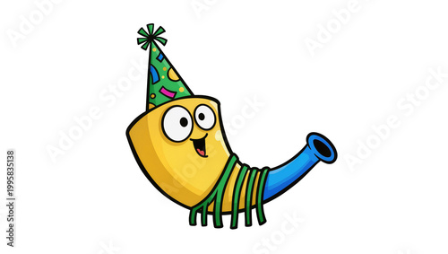 Tableau sur toile Cheerful Yellow Cartoon Character with Party Hat and Blue Noise Maker