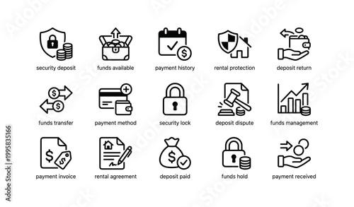 Financial icon set showing deposits, payments and locks on white