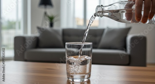 Hand pouring water into glass.