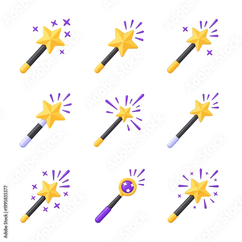 Set of nine magic wands with golden stars and purple sparkles