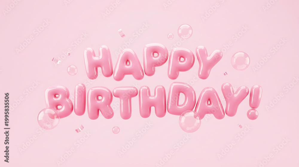 Fototapeta premium Happy Birthday, Pink 3D Glossy Text with Bubbles, Celebration Greeting, symbolizing joy and festivity for birthday wishes
