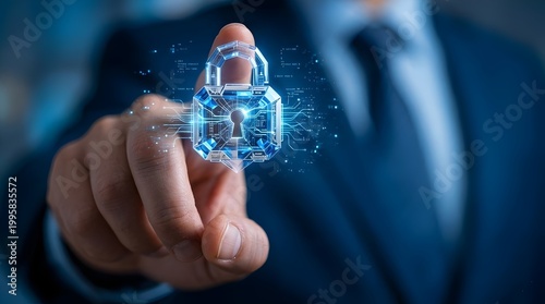 Digital Security Lock Interface Protecting Data in Futuristic Network, copy space. Concept: Cyber Security, Data Protection, Fintech Security, Digital Identity, Network Protection, Technology Safety.