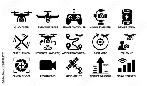 Drone navigation and camera icons displayed on white background