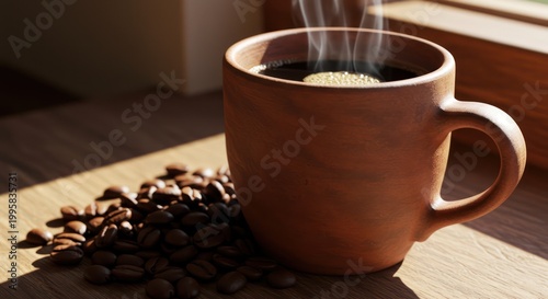 Steaming cup of coffee beans.