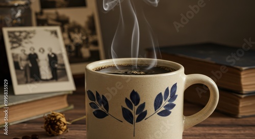 Steaming cup of coffee table.