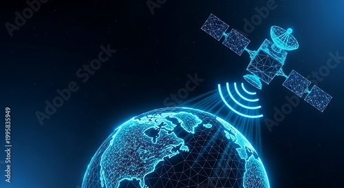 Low poly satellite orbiting a digital earth sending signals low poly world telecommunication and information society day with internet of low poly world telecommunication and information society day