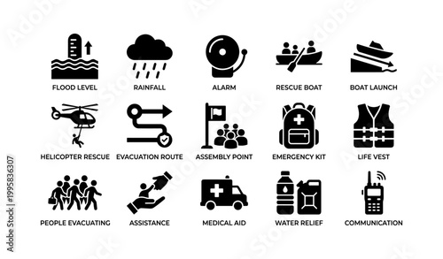 Flood emergency and rescue icon set on white background