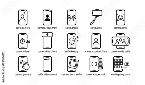 Smartphone selfie and front cam feature icons on white background
