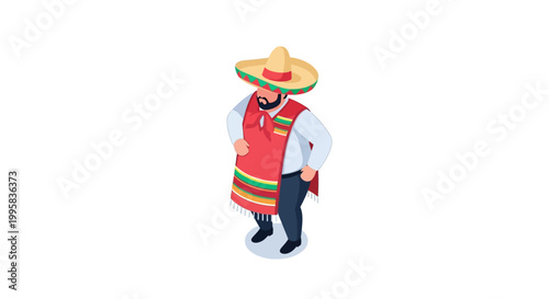 Isometric illustration of a Mexican man wearing a sombrero and poncho.