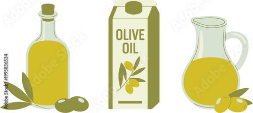 Set of three olive oil containers with olives and leaves isolated on transparent background