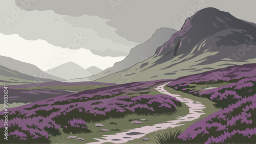 Slika na platnu Winding path through purple heather hills under dramatic cloudy skies