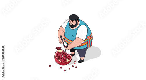 Illustration of a man cutting a fresh red pomegranate fruit with a knife.