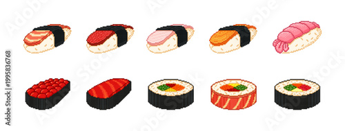 A set of pixelated sushi and roll icons for digital design and Asian food projects.