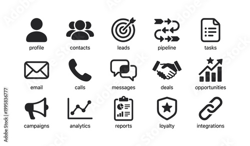 Business crm icons arranged in labeled grid on white background