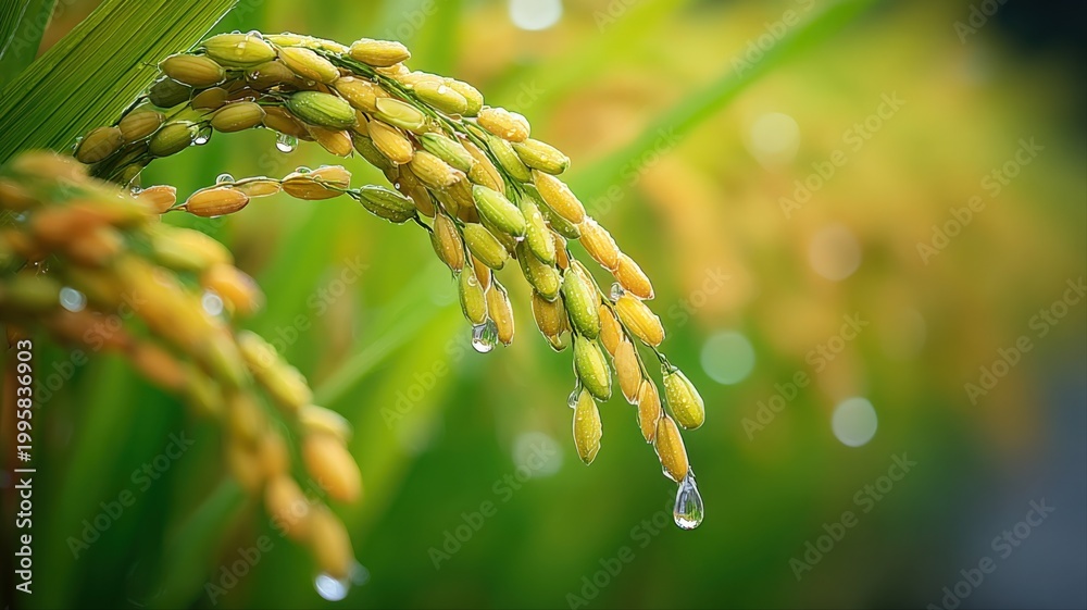 Fototapeta premium Close up of ripe golden rice grains with water droplets, ready for harvest in a lush green field