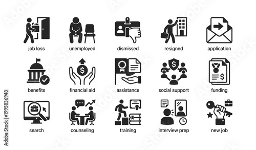 Employment support icons showing job loss and assistance