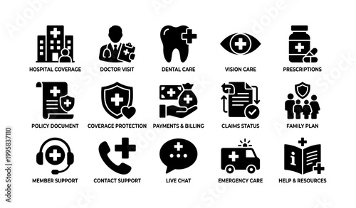 Healthcare service icons showing insurance benefits and support