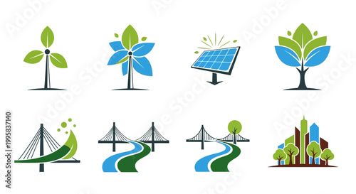 Eco friendly cityscape and renewable energy icons.