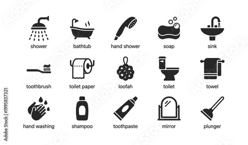 Bathroom and hygiene icons arranged in grid layout