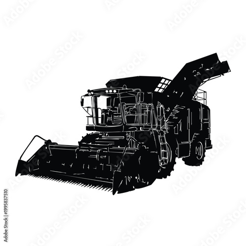 Combine harvester farm machinery working in fields silhouette set bundle.