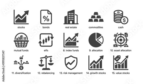 Financial icons showing asset classes and allocation grid