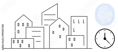 Urban planning, identity verification, security systems, time management, modern architecture, technology concepts. ion of buildings, a clock and a fingerprint symbol. Urban planning and identity