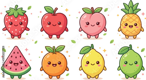 Set of cute happy fruit characters with faces and sparkles on transparent background.