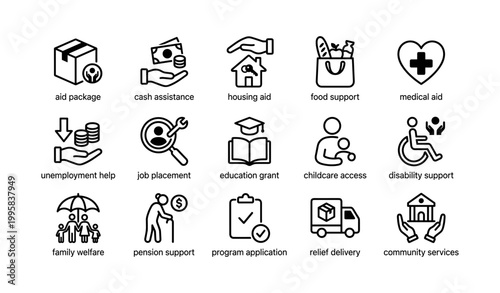 Welfare and aid service icons arranged in grid on white background