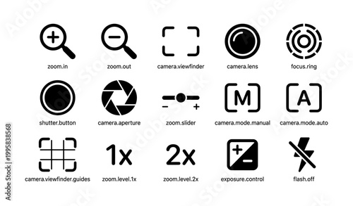 Camera and zoom control icons displayed in grid on white