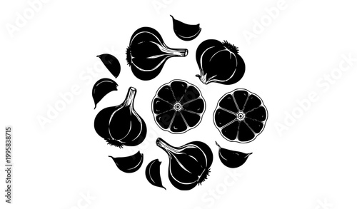 Fermented Black Garlic Cloves and Whole Bulbs Flat Vector Food Design