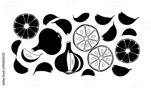 Minimal Black Garlic Bulbs and Cloves Vector Collection for Food Packaging