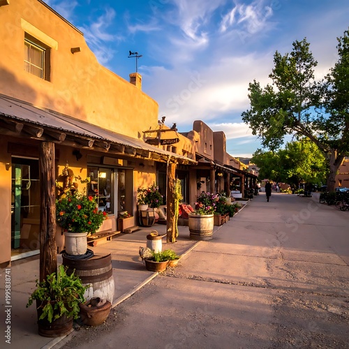 adobe buildings with potted plants sidewalk.