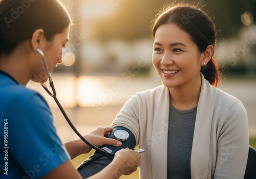 Smiling woman getting her blood pressure checked by a medical professional outdoors.