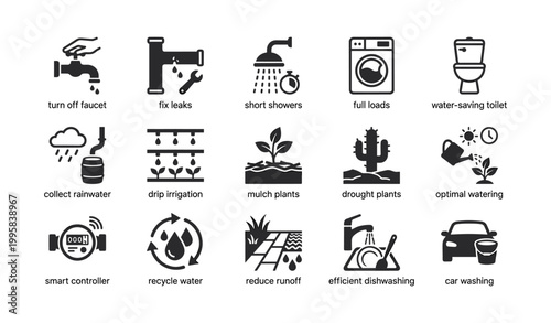 Water conservation icons showing saving tips on white background