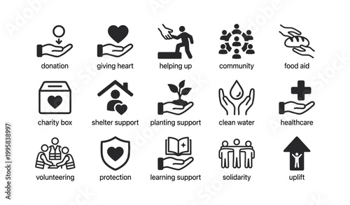Charity and community support icons arranged in grid layout