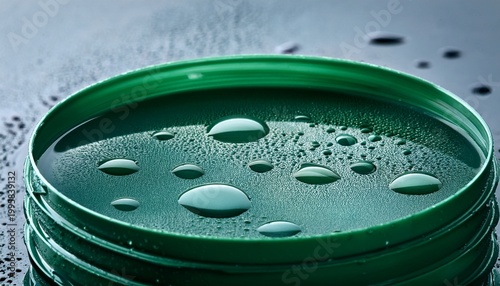 close up of shallow green circular containers filled with liquid and water droplets