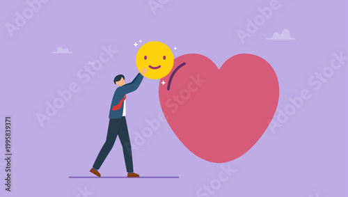 Businessman put emoticon smile in heart, giving a good mood. Help with mental problems, motivation, positive thinking, mental health concept.