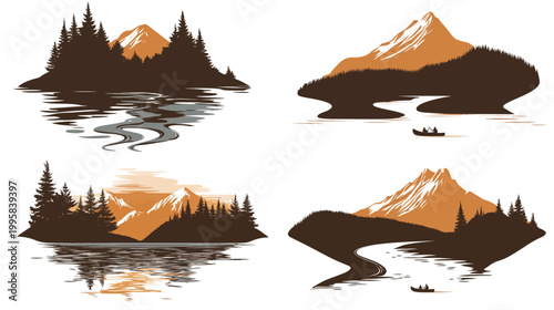 Four stylized illustrations mountains, forests, and bodies of water with simple pixelated aesthetic