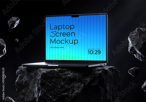 Laptop Screen Mockup with Floating Rocks on Dark Stone