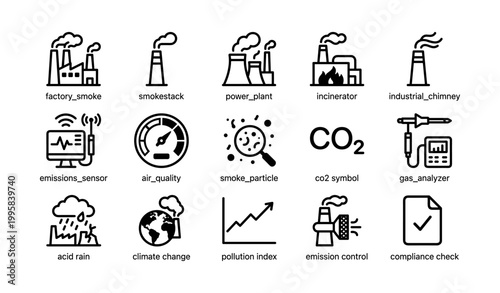 Industrial emissions and air pollution icons arranged in grid