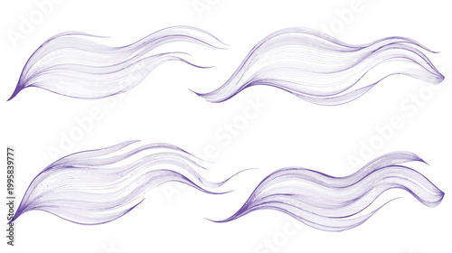 Four abstract waving purple and white shapes on a white background, flowing gracefully